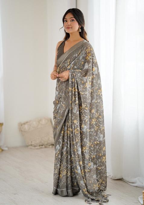 Grey Printed Satin Saree Set