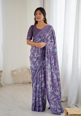 Lavender Printed Satin Saree Set