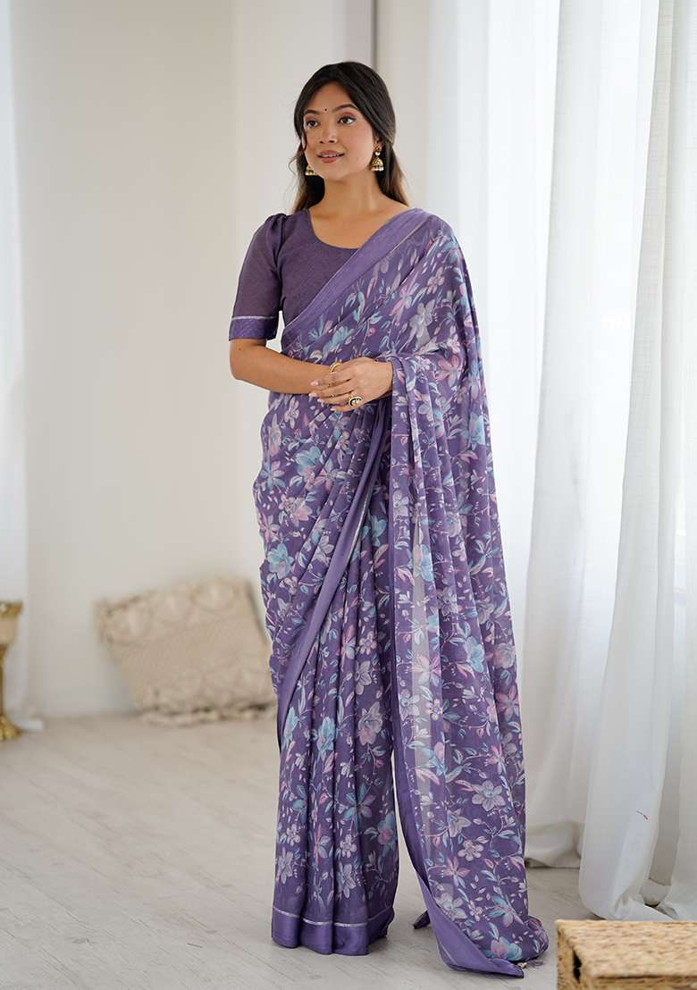 Lavender Printed Satin Saree Set - Indya