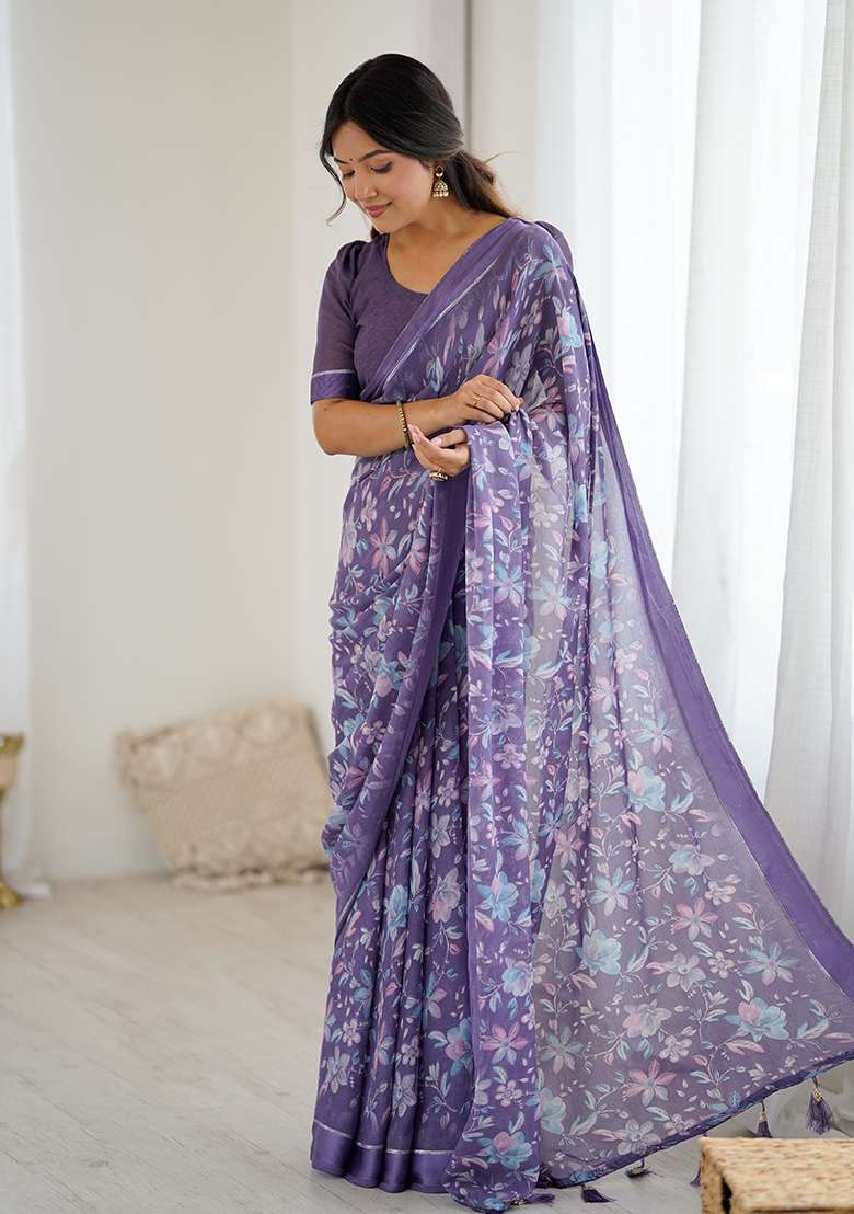 Lavender Printed Satin Saree Set - Indya