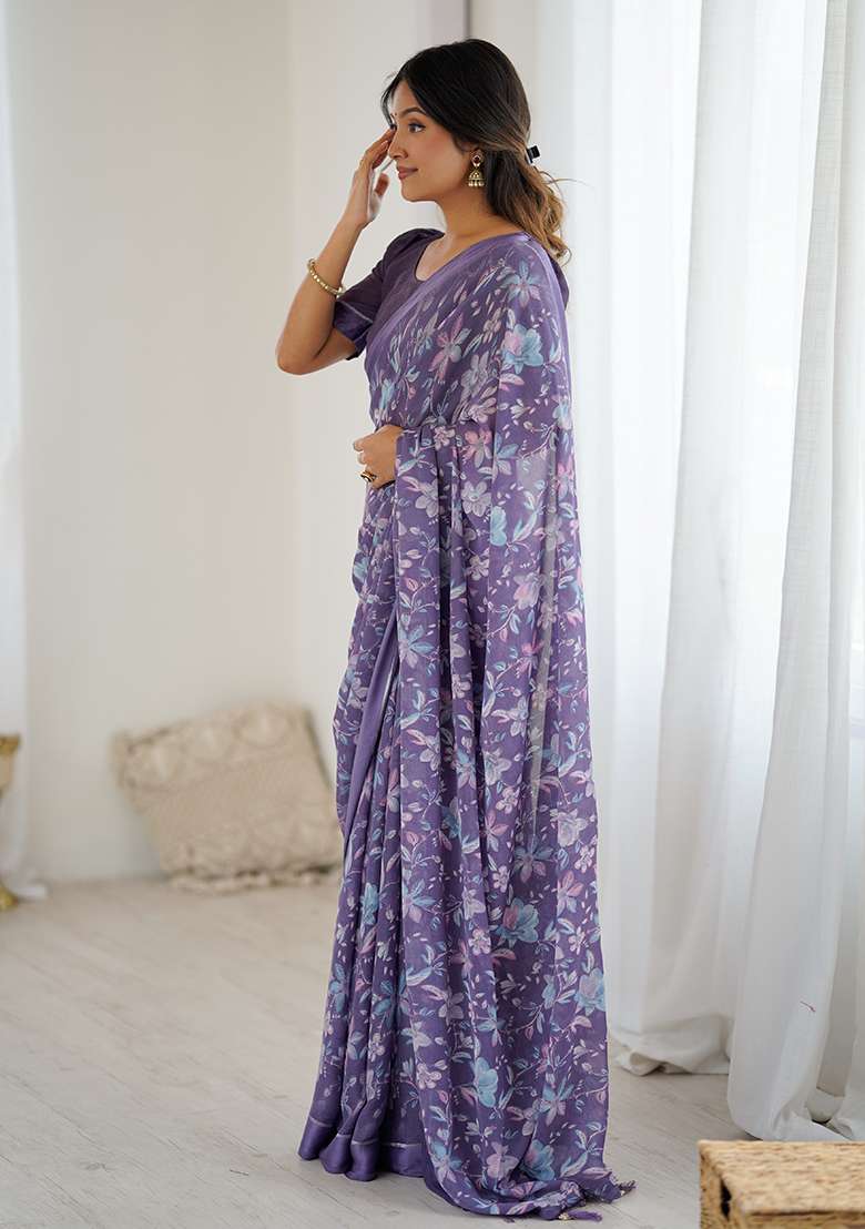 Lavender Printed Satin Saree Set - Indya