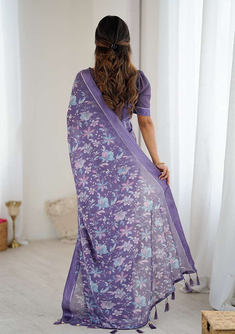 Lavender Printed Satin Saree Set - Indya