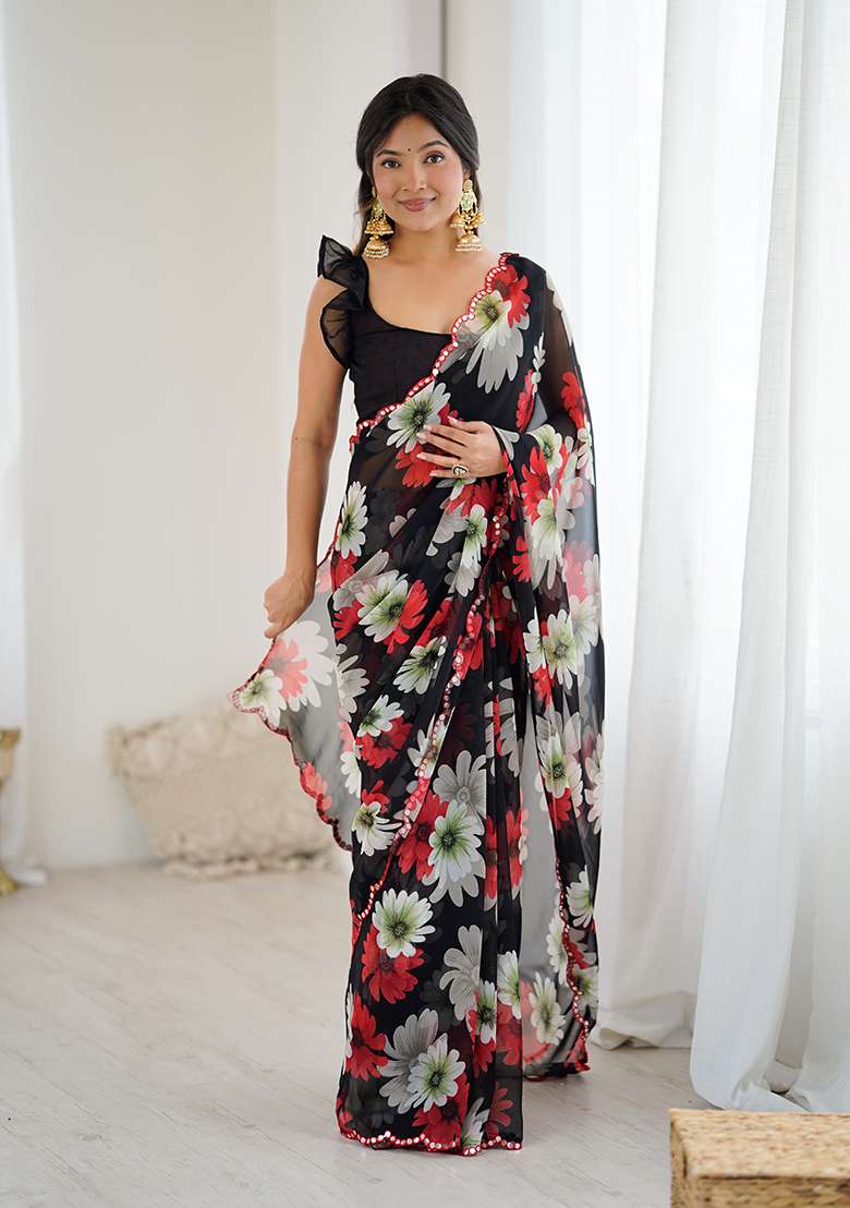 Black Silk Blend Saree Set with Embroidery for Diwali | Wedding & Festive Wear - Indya