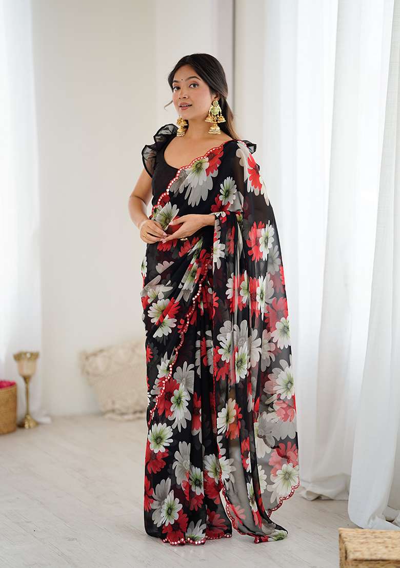 Black Silk Blend Saree Set with Embroidery for Diwali | Wedding & Festive Wear - Indya