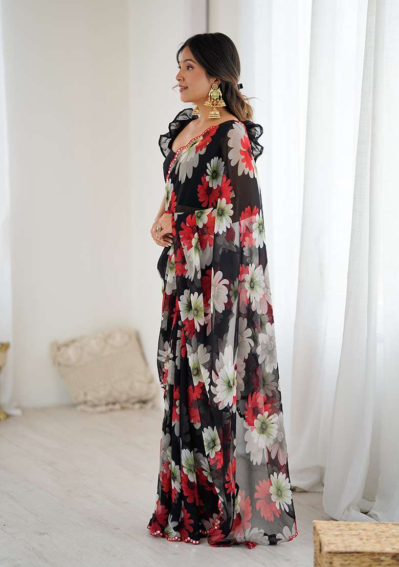 Black Silk Blend Saree Set with Embroidery for Diwali | Wedding & Festive Wear - Indya