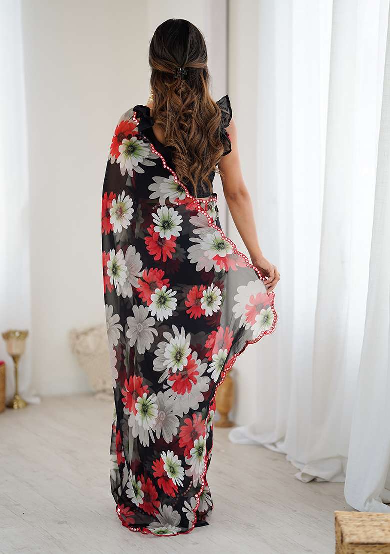 Black Silk Blend Saree Set with Embroidery for Diwali | Wedding & Festive Wear - Indya