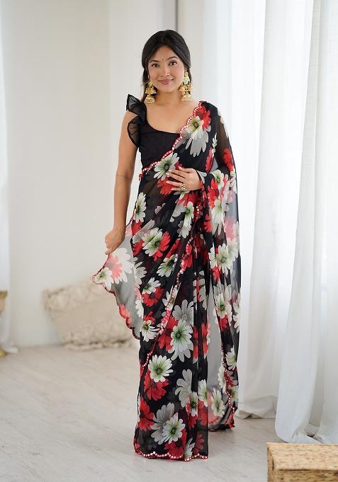Black Embroidery Silk Saree Set