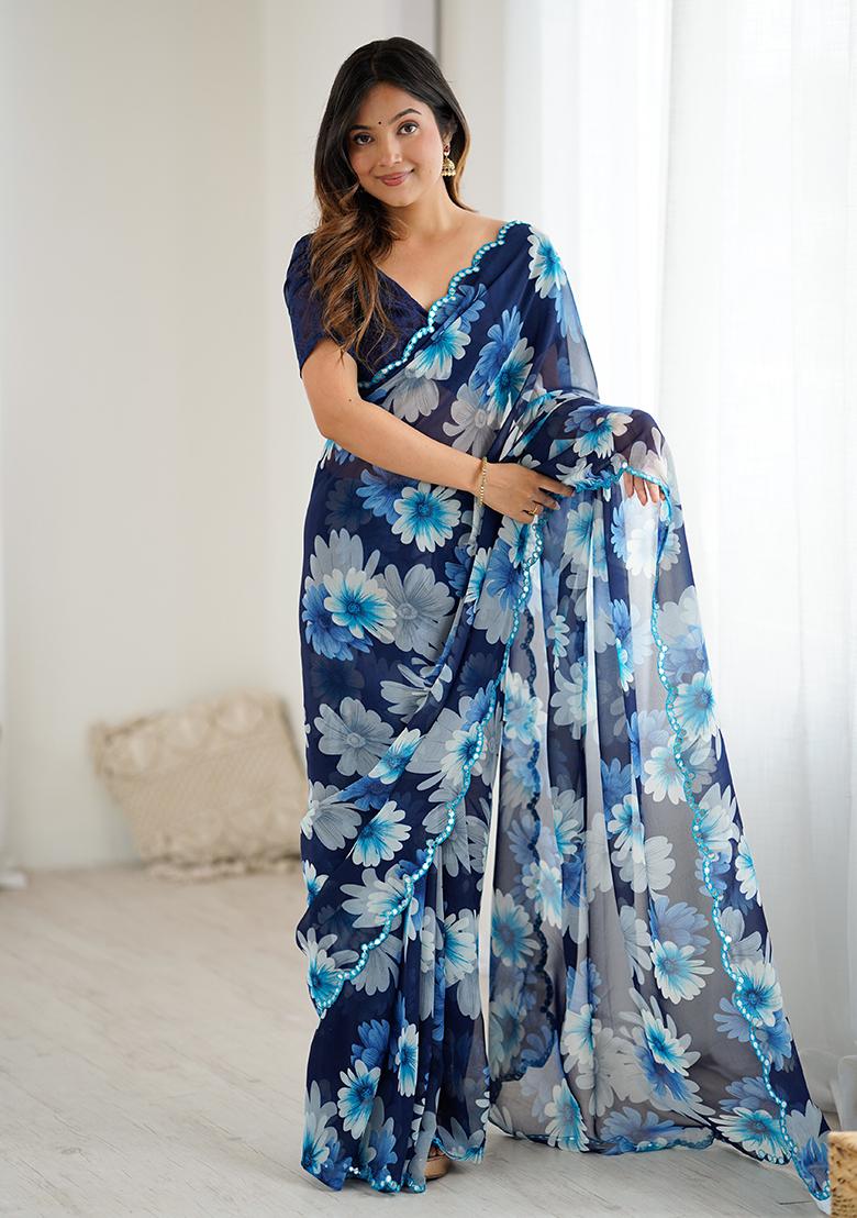 Blue Embroidery Silk Saree Set
