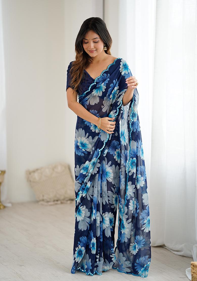 Blue Embroidery Silk Saree Set