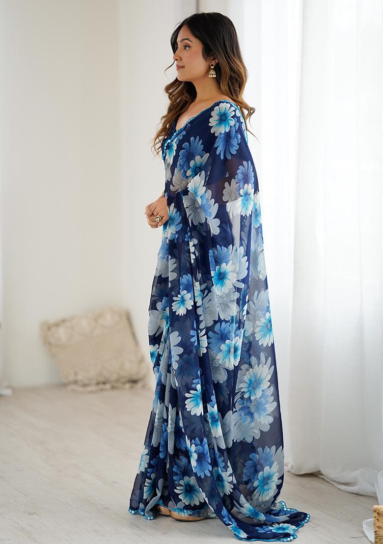 Blue Embroidery Silk Saree Set