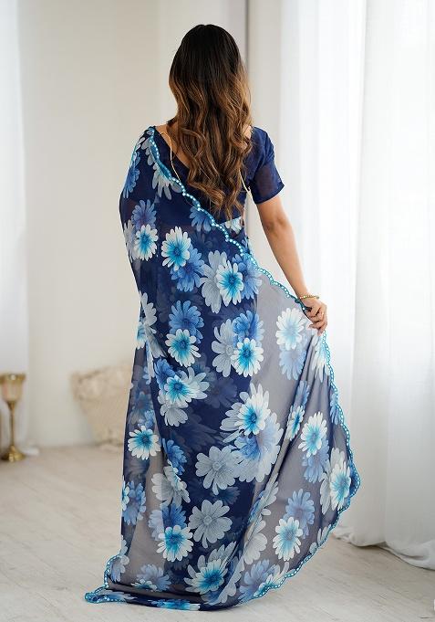 Blue Embroidery Silk Saree Set