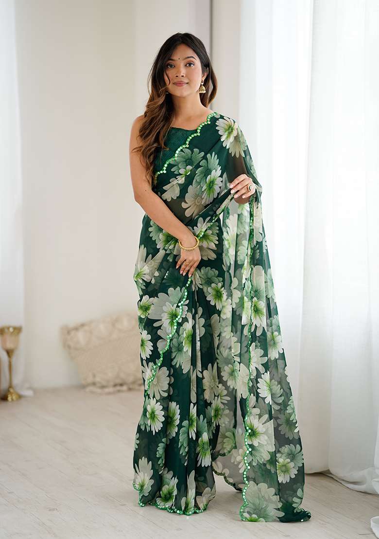 Green Embroidery Silk Blend Saree Set for Diwali and Festive Wear - Indya
