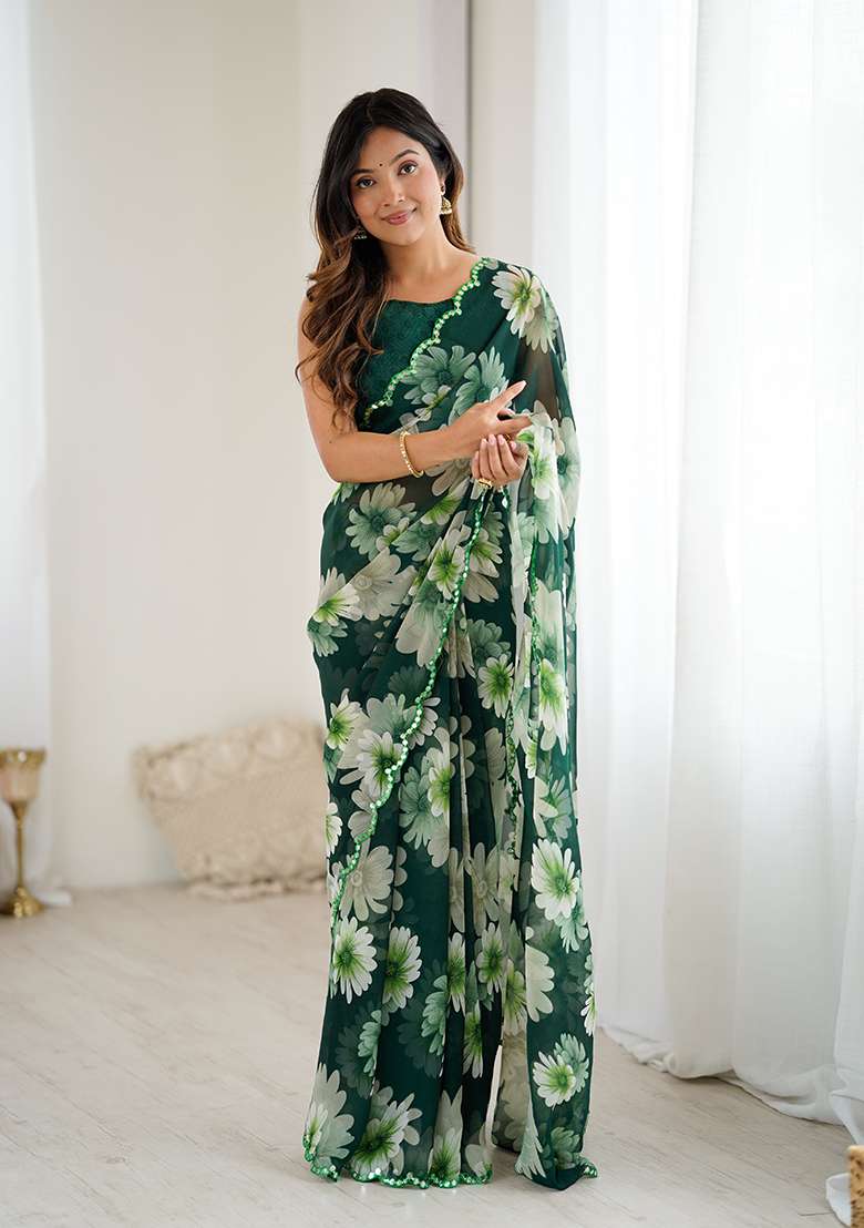 Green Embroidery Silk Blend Saree Set for Diwali and Festive Wear - Indya