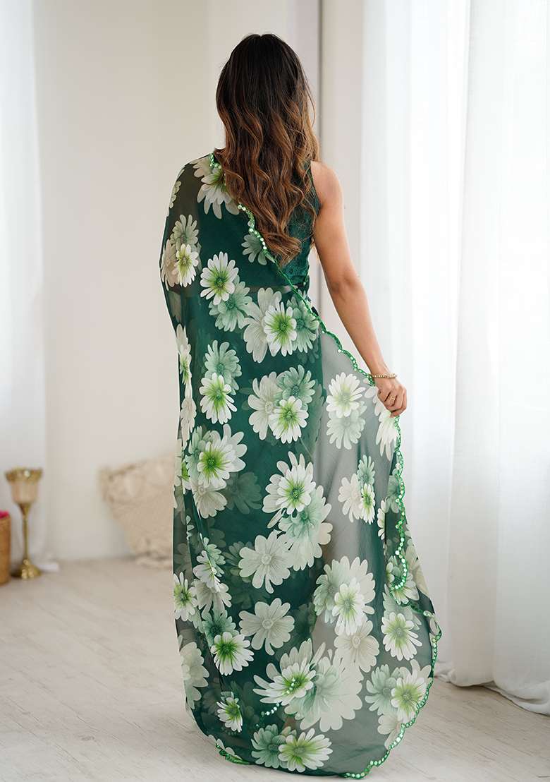 Green Embroidery Silk Blend Saree Set for Diwali and Festive Wear - Indya