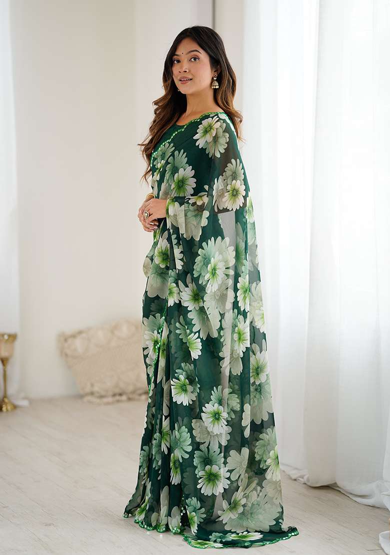Green Embroidery Silk Blend Saree Set for Diwali and Festive Wear - Indya