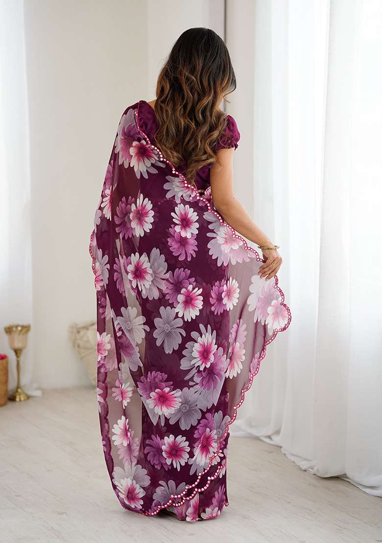 Purple Embroidery Silk Blend Saree Set for Diwali and Festive Wear - Indya