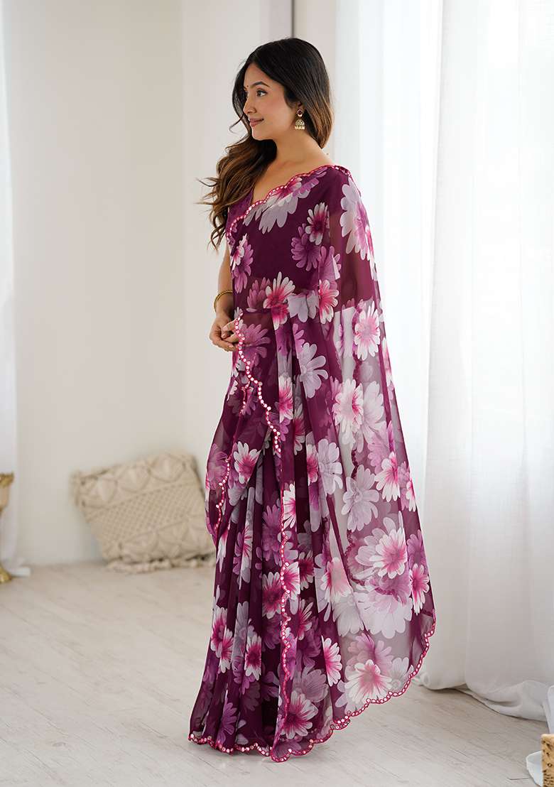 Purple Embroidery Silk Blend Saree Set for Diwali and Festive Wear - Indya
