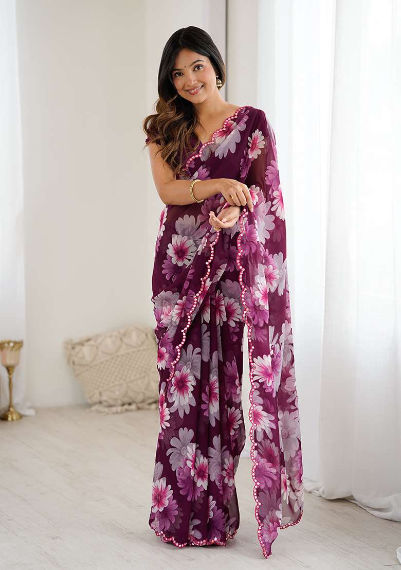 Purple Embroidery Silk Blend Saree Set for Diwali and Festive Wear - Indya
