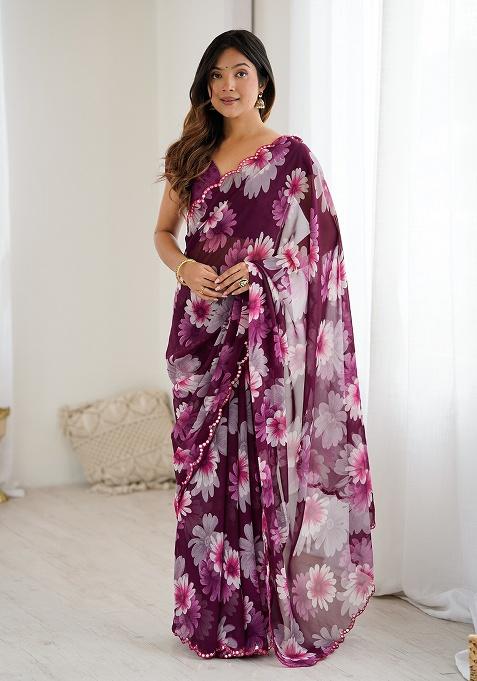 Purple Embroidery Silk Saree Set