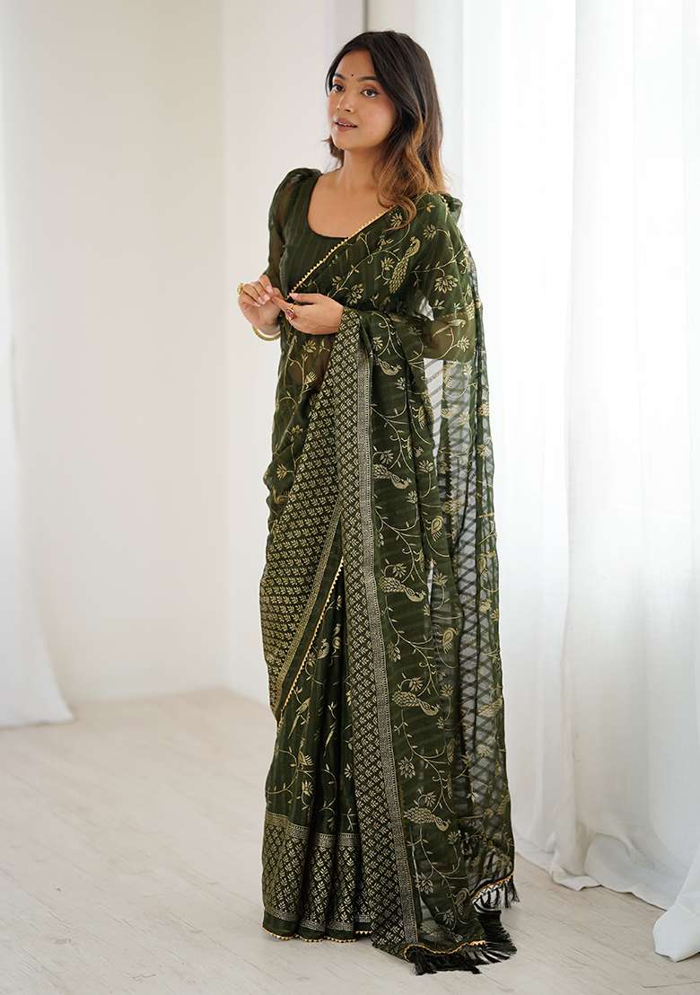 Mehendi Embroidery Silk Blend Saree Set for Diwali and Festive Wear - Indya