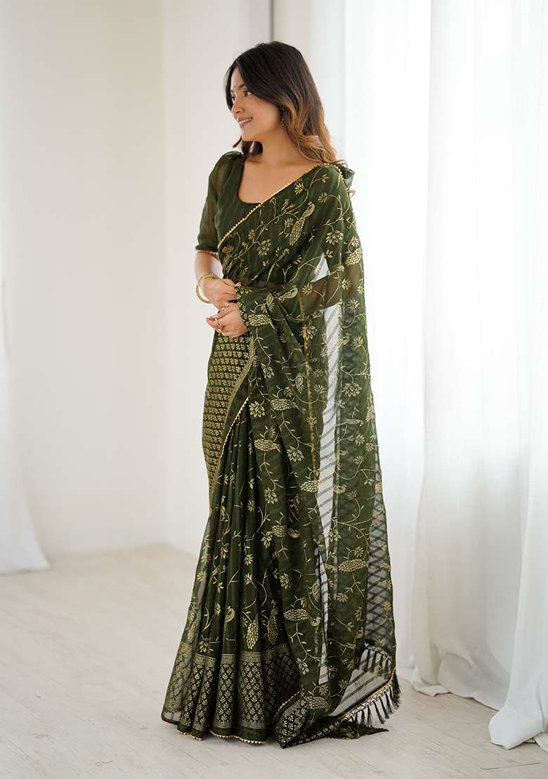 Mehendi Embroidery Silk Blend Saree Set for Diwali and Festive Wear - Indya