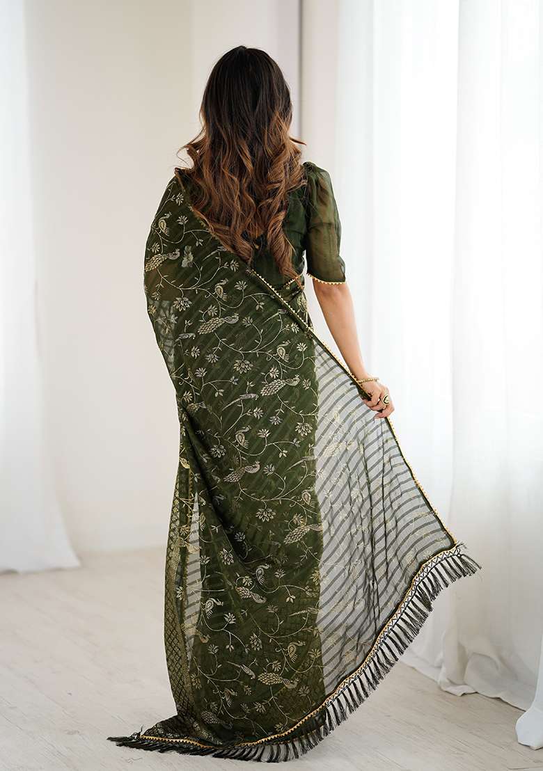 Mehendi Embroidery Silk Blend Saree Set for Diwali and Festive Wear - Indya