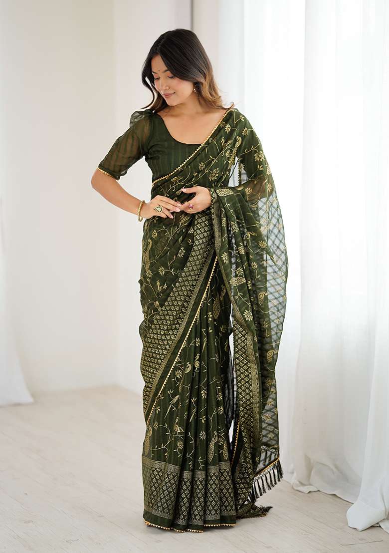 Mehendi Embroidery Silk Blend Saree Set for Diwali and Festive Wear - Indya