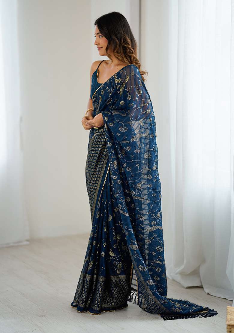 Morpeach Embroidery Silk Blend Saree Set for Diwali and Festive Wear - Indya