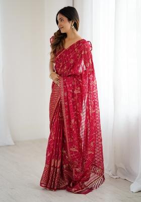 Pink Embroidery Silk Saree Set