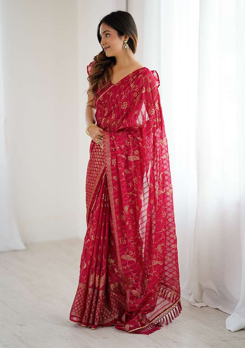 Pink Embroidery Silk Blend Saree Set for Diwali and Festive Wear - Indya