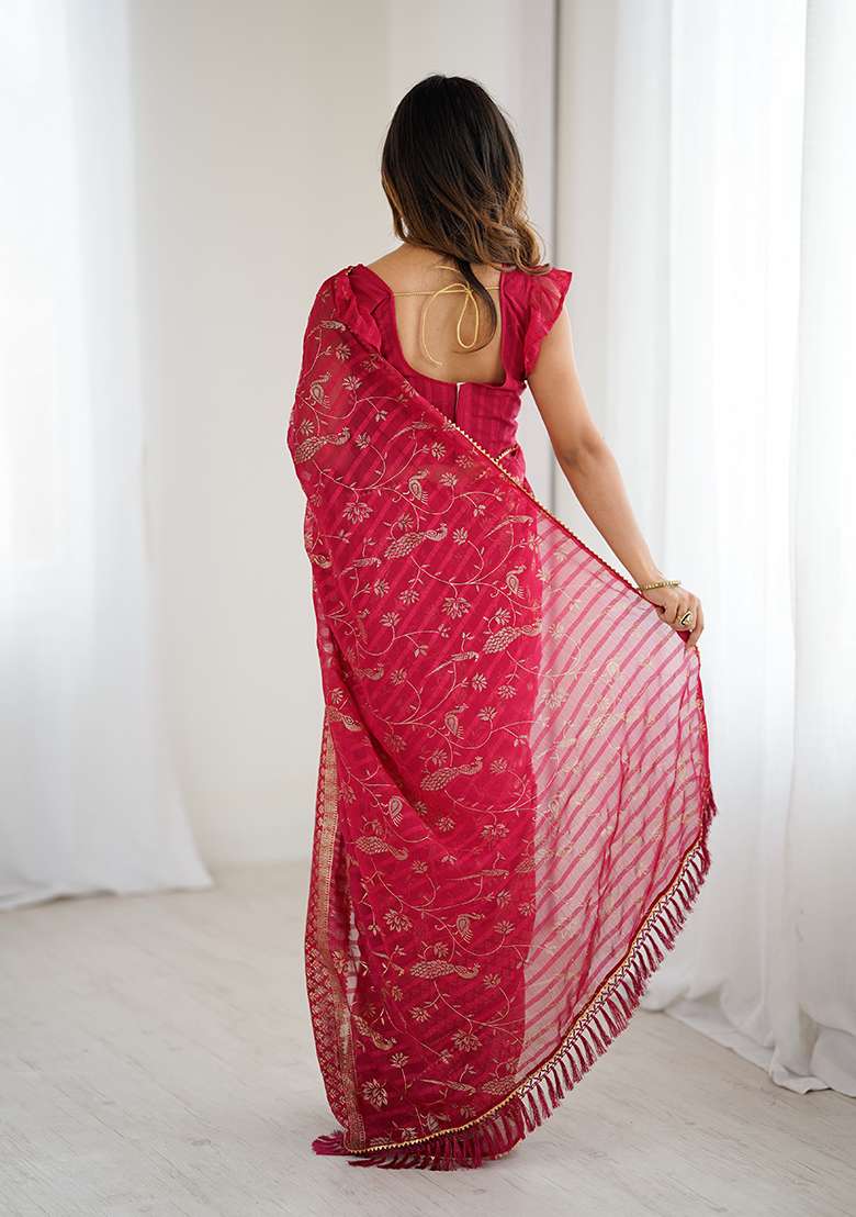 Pink Embroidery Silk Blend Saree Set for Diwali and Festive Wear - Indya