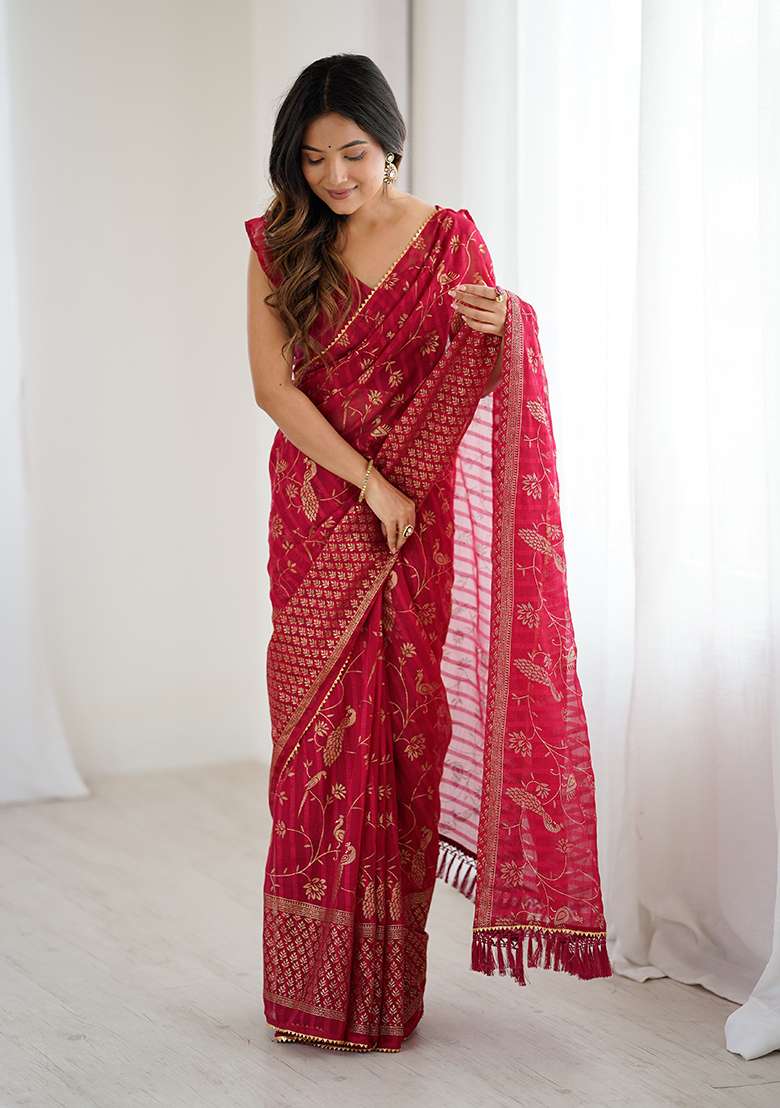 Pink Embroidery Silk Blend Saree Set for Diwali and Festive Wear - Indya