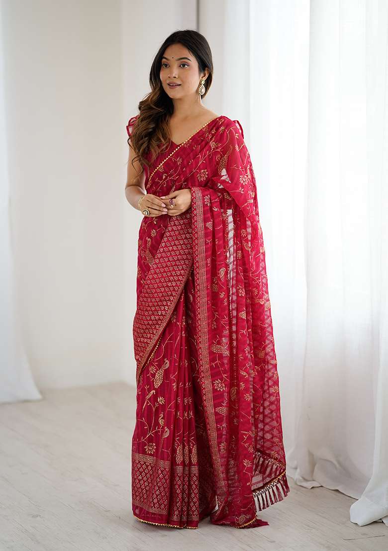 Pink Embroidery Silk Blend Saree Set for Diwali and Festive Wear - Indya