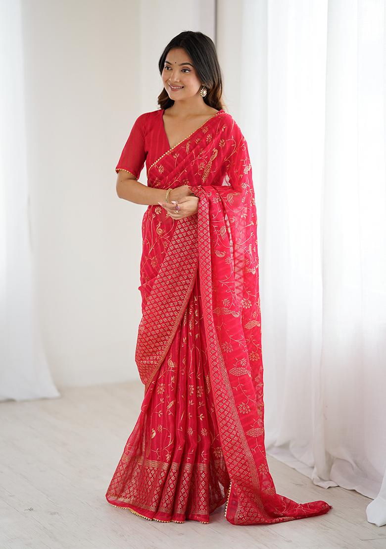 Red Embroidery Silk Saree Set
