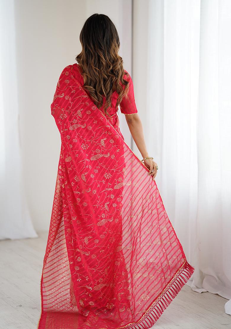 Red Embroidery Silk Saree Set