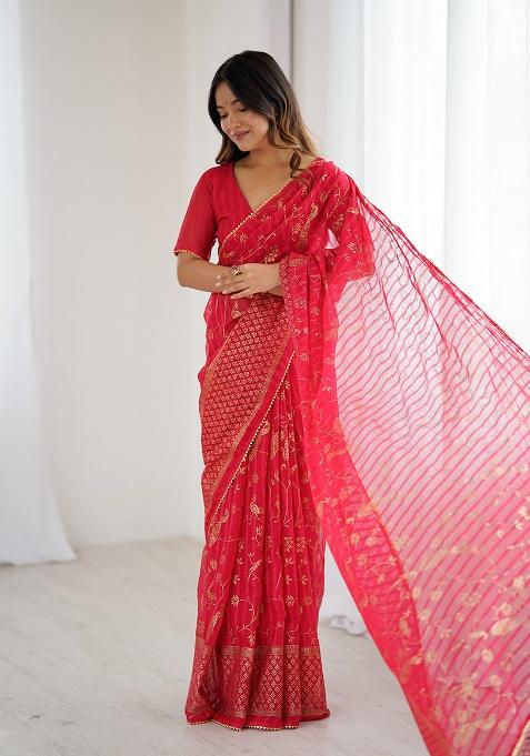 Red Embroidery Silk Saree Set