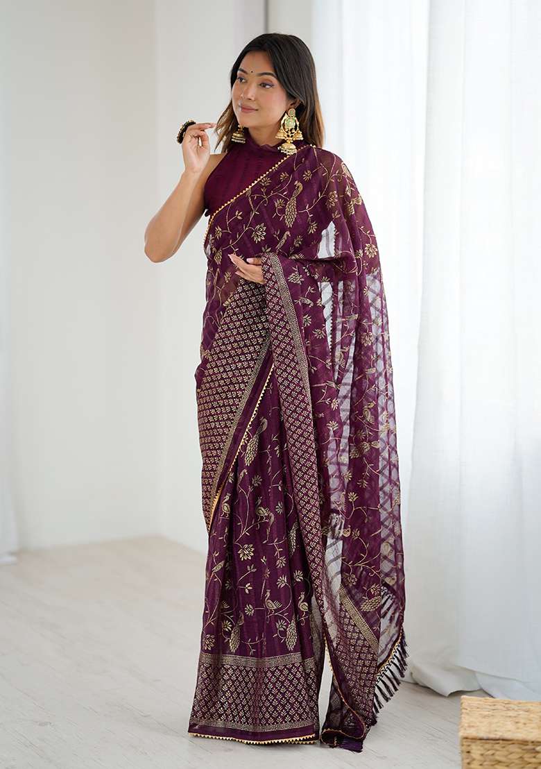 Wine Silk Blend Saree Set with Embroidery for Diwali | Wedding & Festive Wear - Indya