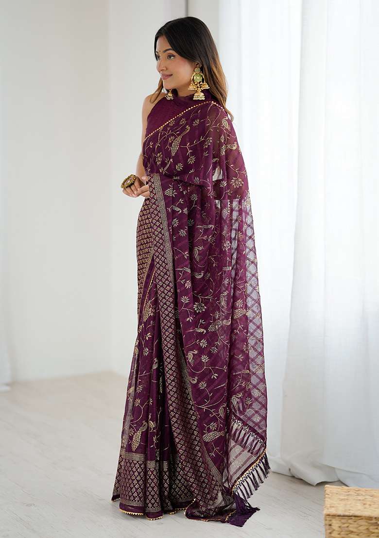 Wine Silk Blend Saree Set with Embroidery for Diwali | Wedding & Festive Wear - Indya