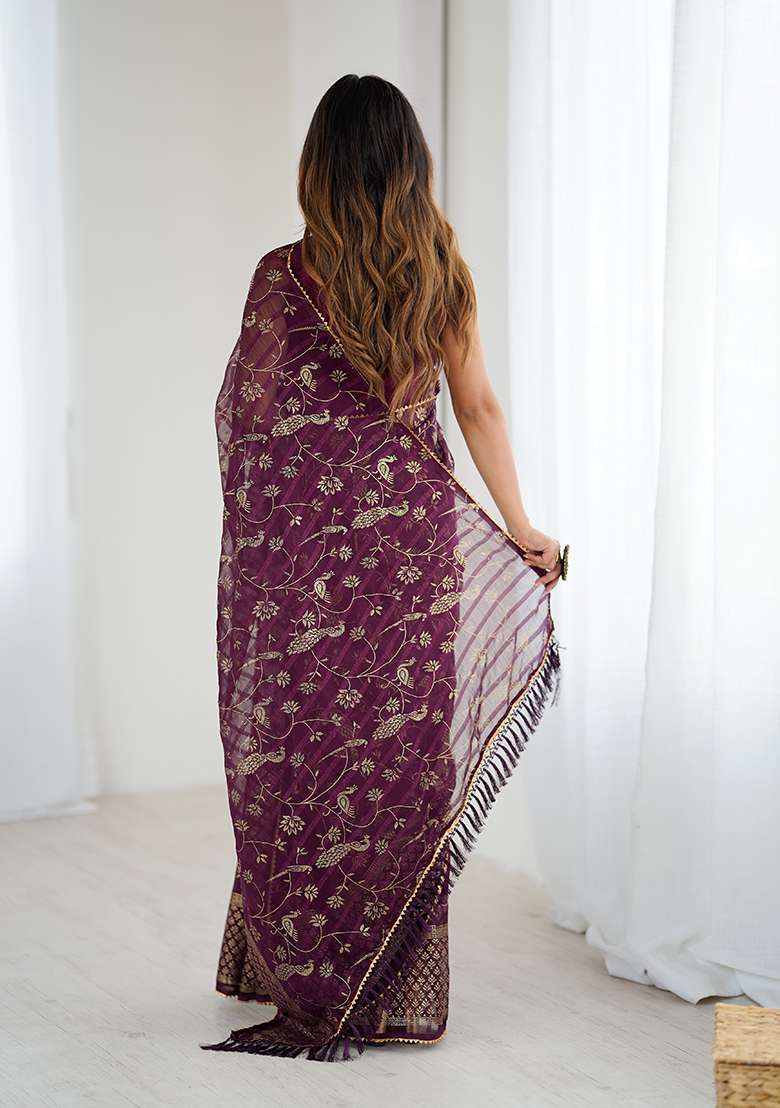 Wine Silk Blend Saree Set with Embroidery for Diwali | Wedding & Festive Wear - Indya