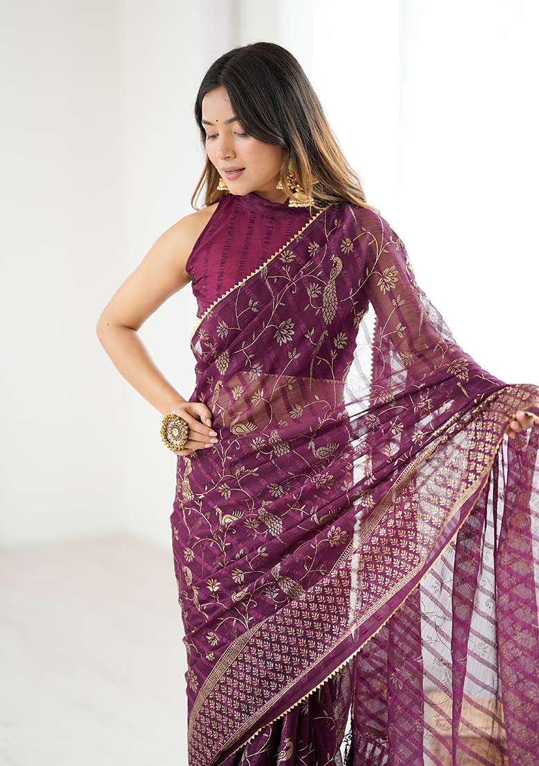 Wine Silk Blend Saree Set with Embroidery for Diwali | Wedding & Festive Wear - Indya