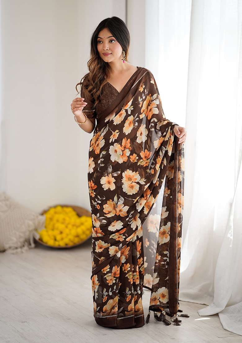 Brown Printed Satin Saree Set for Diwali and Festive Wear - Indya