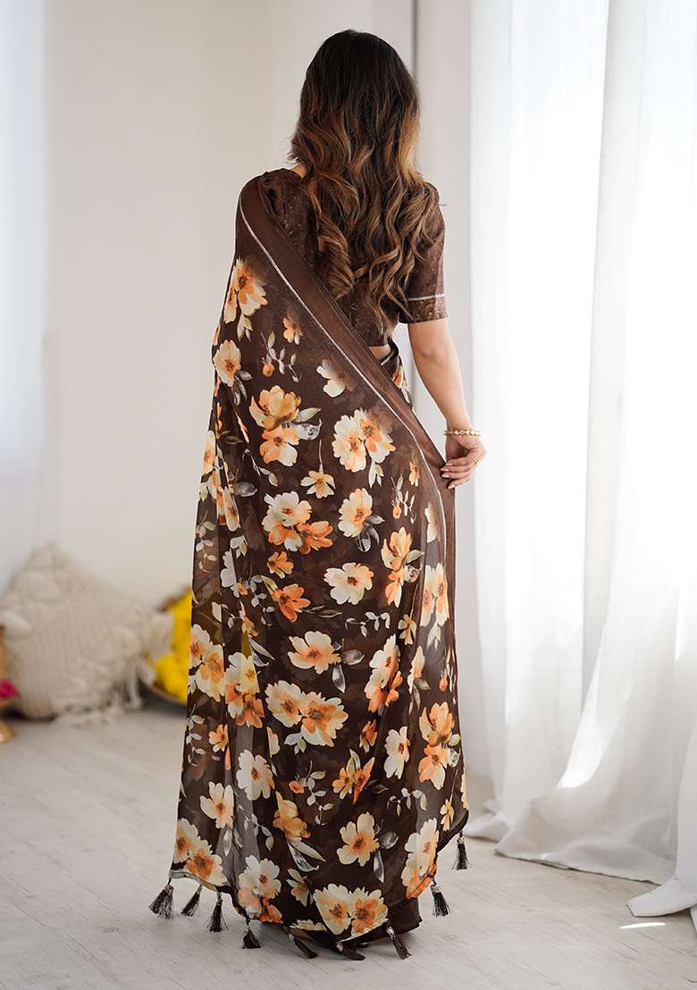 Brown Printed Satin Saree Set for Diwali and Festive Wear - Indya