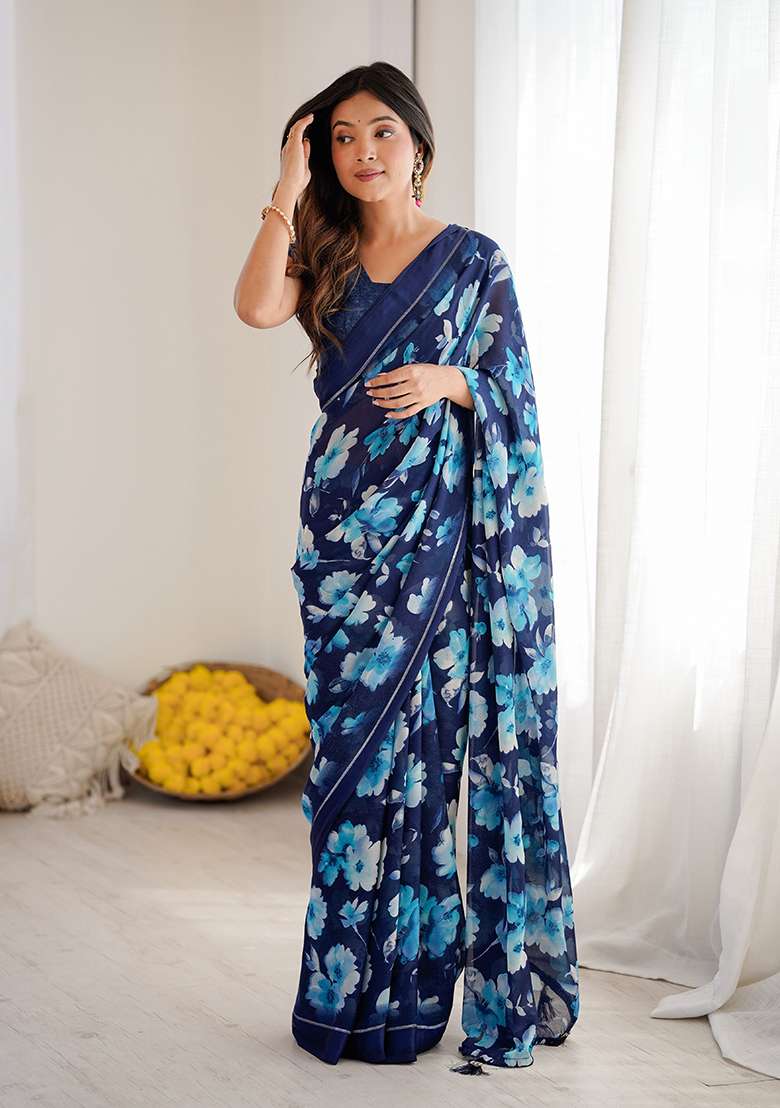 Dark Blue Printed Satin Saree Set for Diwali and Festive Wear - Indya