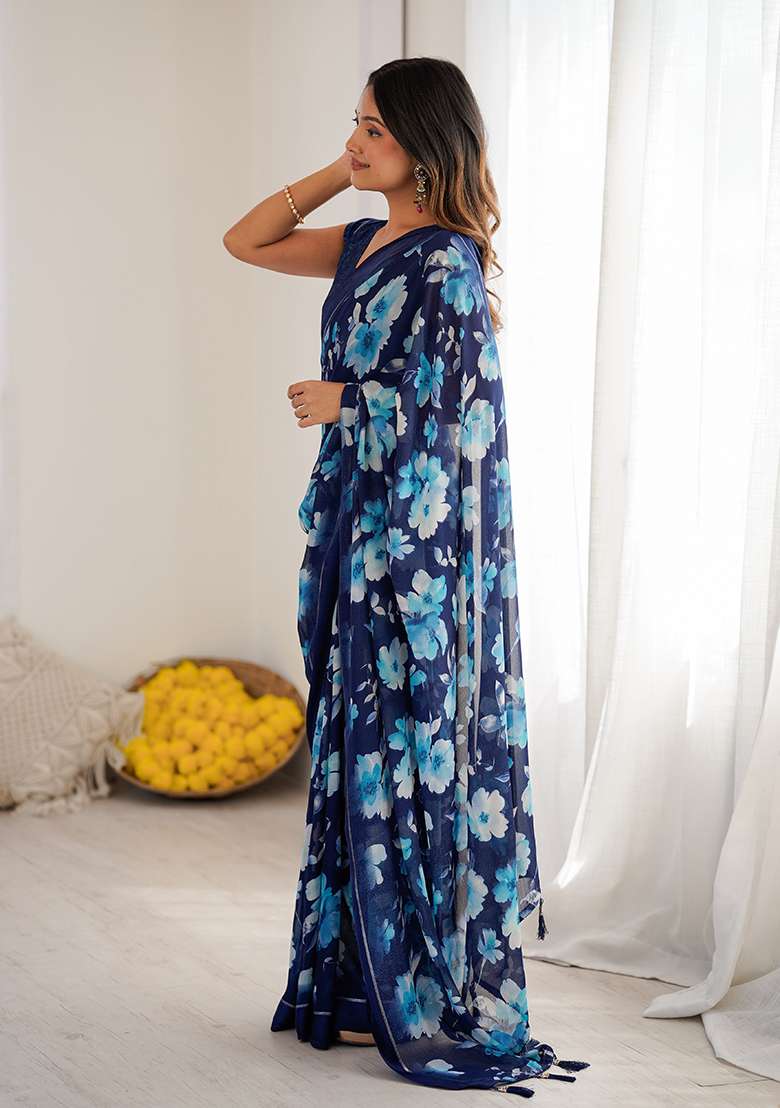 Dark Blue Printed Satin Saree Set for Diwali and Festive Wear - Indya