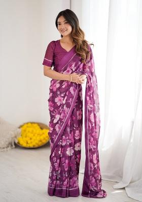 Magenta Printed Satin Saree Set