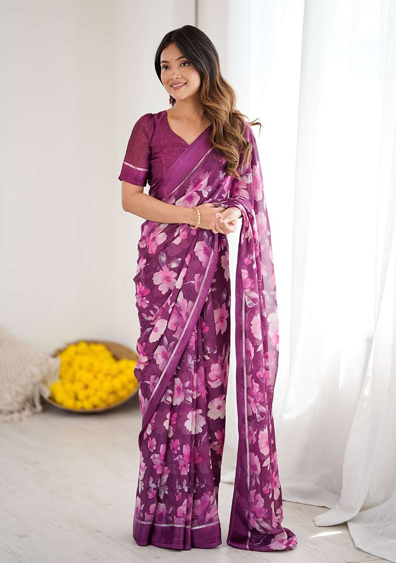 Magenta Printed Satin Saree Set for Diwali and Festive Wear - Indya
