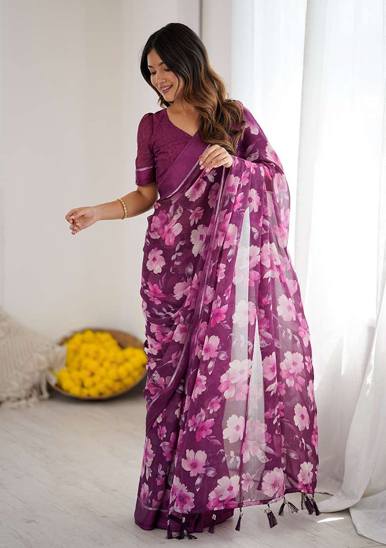 Magenta Printed Satin Saree Set for Diwali and Festive Wear - Indya