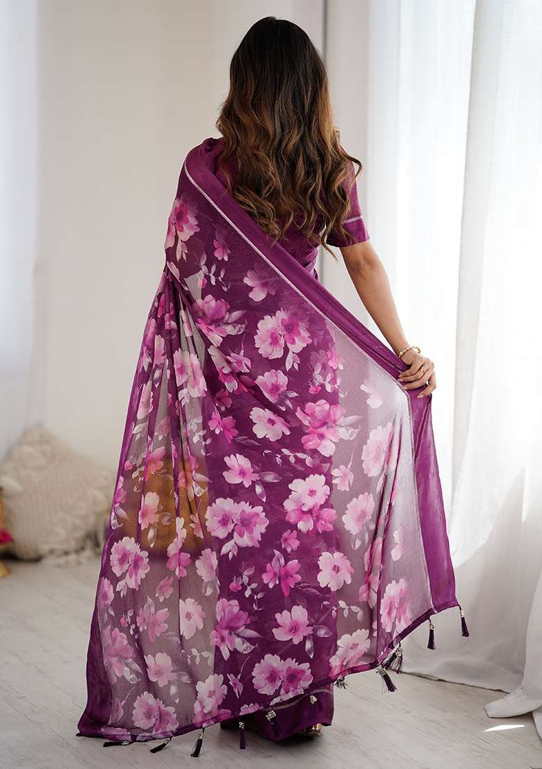 Magenta Printed Satin Saree Set for Diwali and Festive Wear - Indya