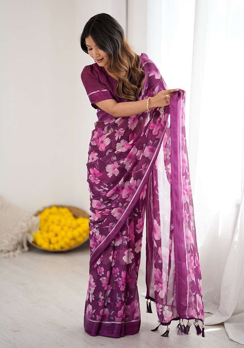 Magenta Printed Satin Saree Set for Diwali and Festive Wear - Indya