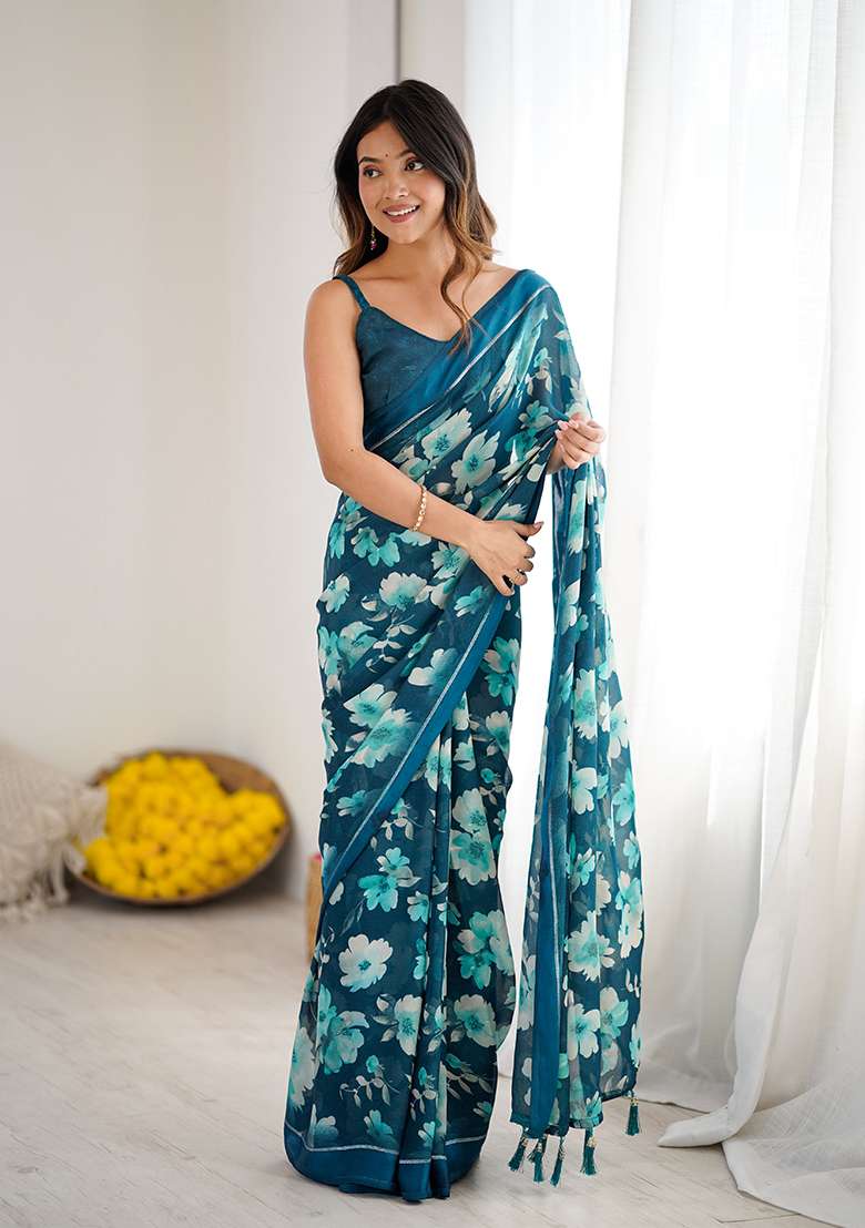 Morpeach Printed Satin Saree Set for Diwali and Festive Wear - Indya